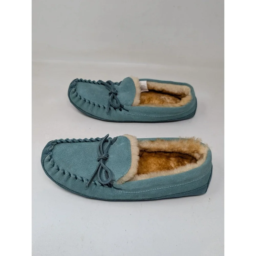LL Bean Wicked Good Slippers Mocs Moccasin Kid's Size 6 Teal Blue Shearling VTG